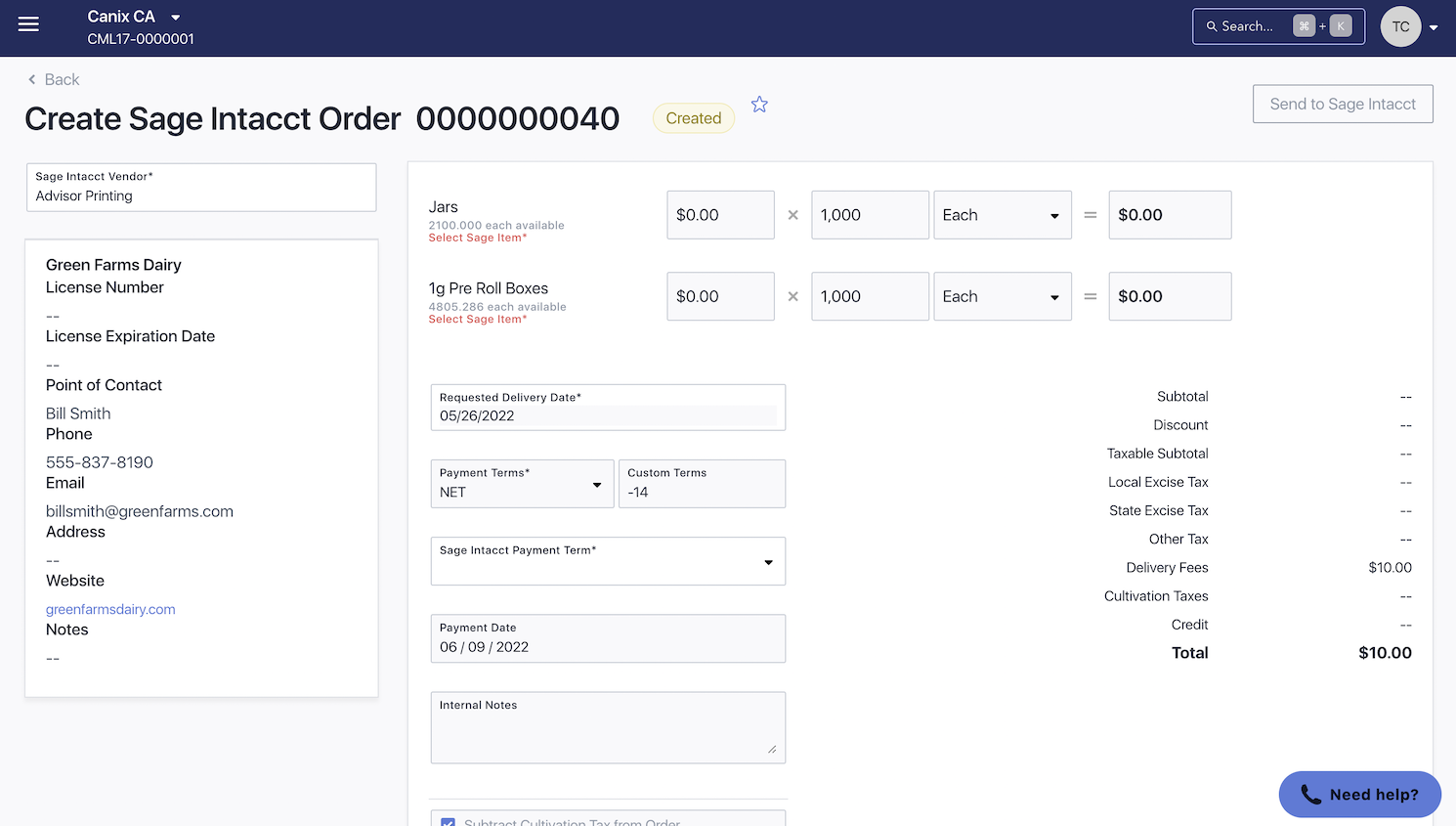 Send Purchase Orders from Canix to Sage Intacct by selecting the vendor, items and payment terms before submitting to Sage Intacct.