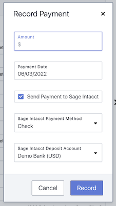 Select a payment method and deposit account to record a payment in Sage Intacct from Canix.