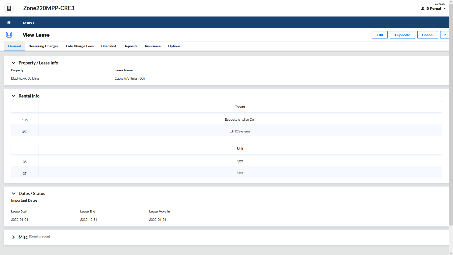 Lease Setup Screen